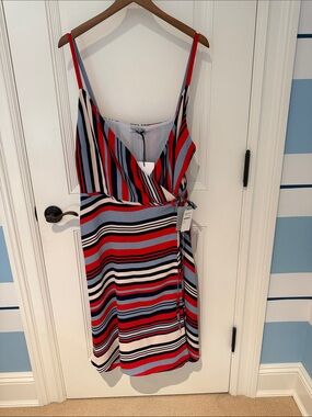 NWT Cooper St Striped Wrap Midi Dress in Red, White, and Blue.